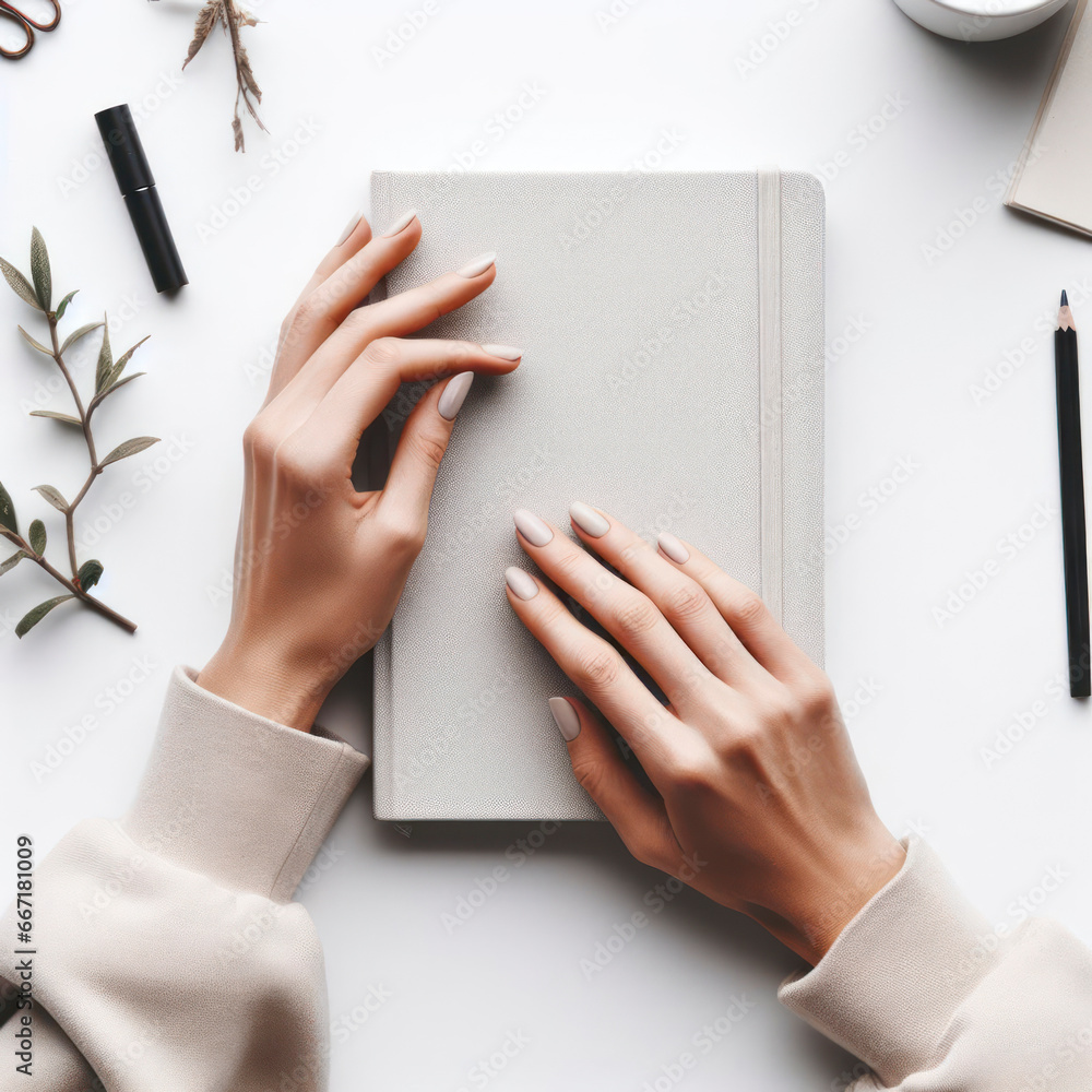 Poster hands of a woman with a notebook mock up minimalism on white background. ai generative