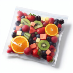 Fruit mix in vacuum plastic bag on a white background. ai generative