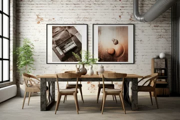Fotobehang Mockup frame in dining room, loft interior, industrial style. Generative AI © Amaya