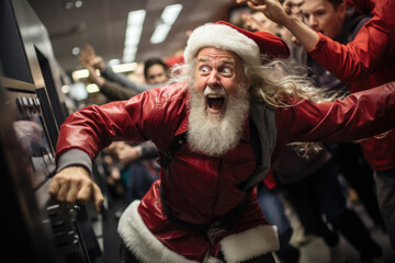 Santa Claus buys goods in a store on sale. People panic and try to grab cheap goods.