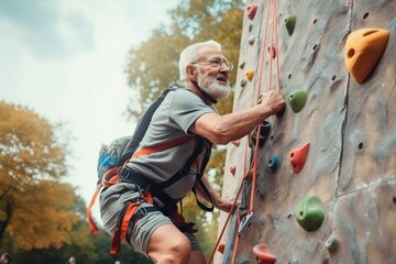 caucasian old sportsman exercises climbing on climbing wall - obrazy, fototapety, plakaty