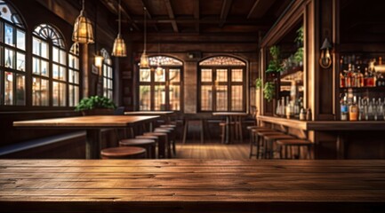 Elegant lounge vibes. Modern bar interior. Cafe comfort. Empty wooden table interior. Nightlife bliss. Stylish pub decor for evening out. Fine dining in style. Restaurant with vintage flair