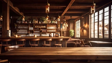 Foto op Plexiglas Elegant lounge vibes. Modern bar interior. Cafe comfort. Empty wooden table interior. Nightlife bliss. Stylish pub decor for evening out. Fine dining in style. Restaurant with vintage flair © Bussakon