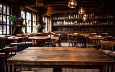 Fototapeta premium Elegant lounge vibes. Modern bar interior. Cafe comfort. Empty wooden table interior. Nightlife bliss. Stylish pub decor for evening out. Fine dining in style. Restaurant with vintage flair