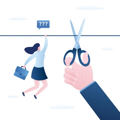 Businesswoman hangs on rope, giant boss hand uses scissors and cuts rope. Betrayal in business, dismissal, layoff. Conflict at work leads to problems. Downsizing - obrazy, fototapety, plakaty