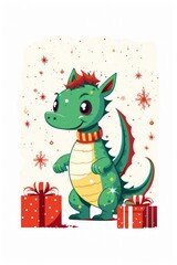 Cute cartoon green dragon wearing Santa hat, red gift with Christmas tree. New Year animal illustration on white background. Christmas card with cute dragon.