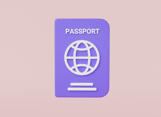 International passport on purple background. International document, Passport for travel and immigration, Travel and tourism, Identification document, Personal immigration. 3d render illustration