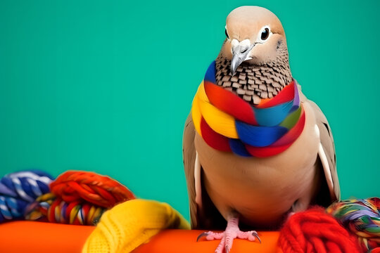 Studio portrait of a dove wearing knitted hat, scarf and mittens. Colorful winter and cold weather concept.