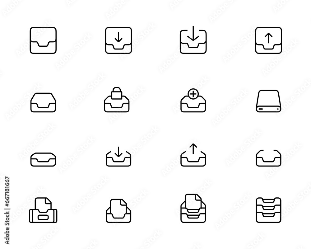 Aufkleber archive and folders vector line icons set. contains repository, sync, storage of documents and more.