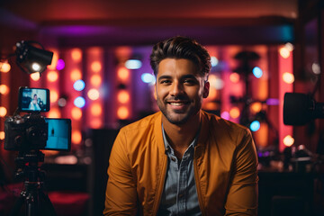 A male influencer sits in front of a camera, his face lit up with excitement as he prepares to record his latest video podcast. Generative Ai
