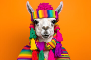 Studio portrait of a llama wearing knitted hat, scarf and mittens. Colorful winter and cold weather concept.