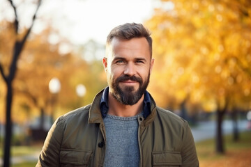 Image of a handsome man dressed in stylish clothes walking in park on blurred background