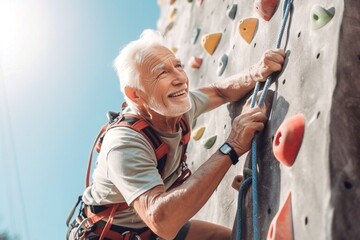 caucasian old sportsman exercises climbing on climbing wall