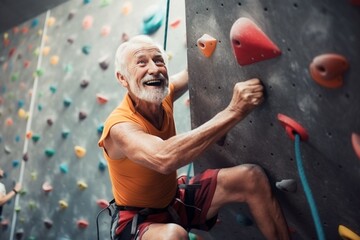 Obraz premium caucasian old sportsman exercises climbing on climbing wall