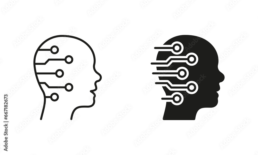 Poster human head with circuit silhouette and line icons set. digital technology and artificial intelligenc