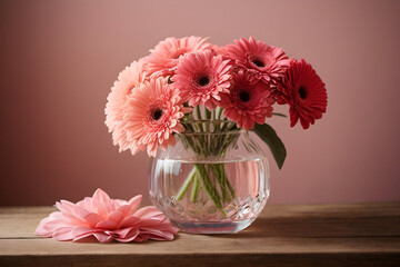 A stunning arrangement of pink gerbera flowers in a crystal vase, sitting atop a rustic wooden table.