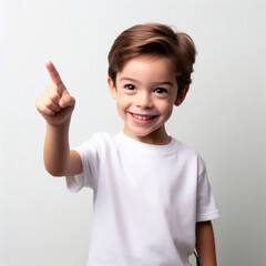 portrait photography of a happy little boy pointing up against a white background. ai generative