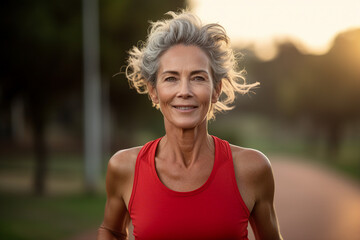 Portrait of an elderly active woman during jogging workout in the morning park generative AI concept