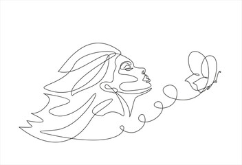 Beautiful woman head with butterfly . Abstract composition hand draw continuous line. Hand-drawn vector line-art illustration. One Line style drawing.