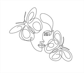 Beautiful woman head with butterfly . Abstract composition hand draw continuous line. Hand-drawn vector line-art illustration. One Line style drawing.