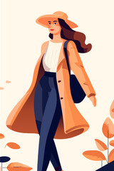 Fashionable young woman in a hat and coat. Vector illustration