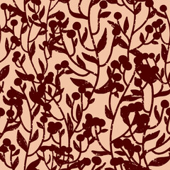 Silhouettes of branches with berries, cozy texture ornament. Vector seamless pattern.. © Naya Chu