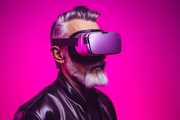 Generative AI image of headset user in vr glasses watching surreal fantasy world isolated on colorful neon background