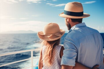 Caucasian child girl traveling on a cruise ship with their father enjoying the beautiful sunny atmosphere on the ship - obrazy, fototapety, plakaty