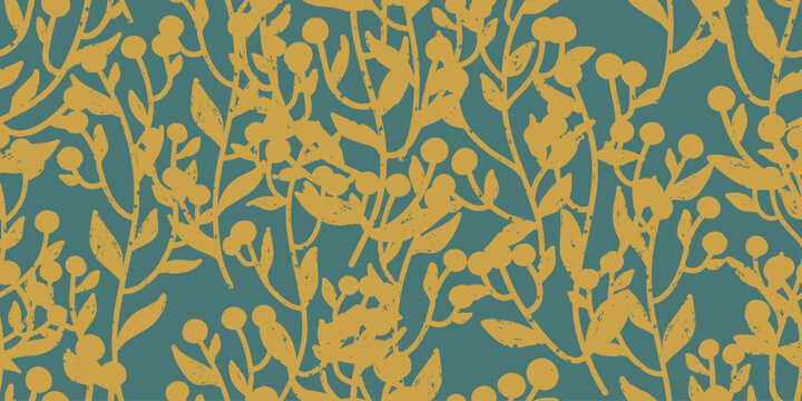 Silhouettes of branches with berries, cozy texture ornament. Vector seamless pattern..