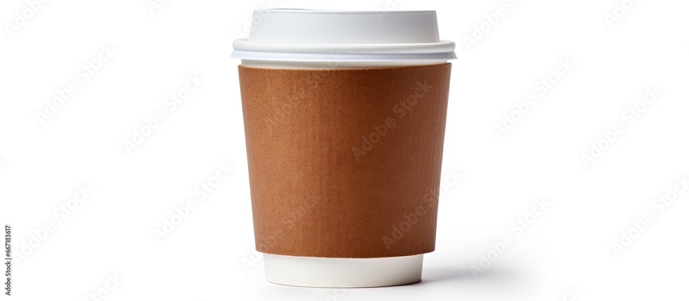 Sticker isolated white cup of coffee with lid and sleeve shadowed