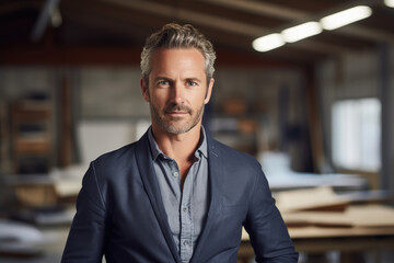 Obraz premium A male architect in a design studio, standing confidently and looking directly at the camera