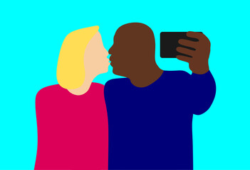 Man and woman couple take selfie on smartphone kissing. Romantic couple relationship in colorful vector illustration.