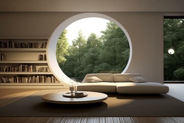 Contemporary interior, minimalist living area, circular window, fluid layout. Generative AI