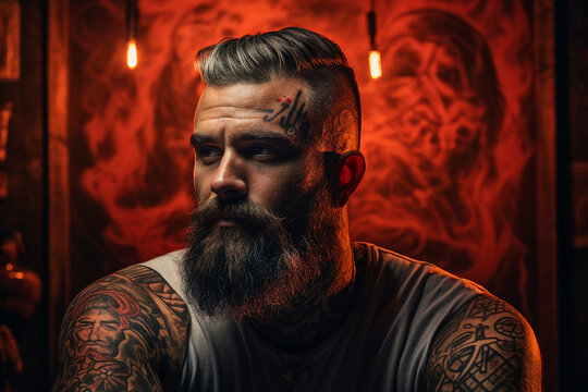 Picture portrait of tattooed man handsome guy created with generative AI technology