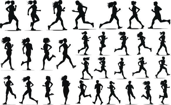 Set of Runner silhouette person sport woman illustration man vector athlete jogging marathon run