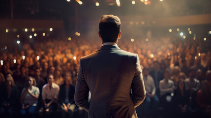 A man with his back giving a talk to other businesspeople. Businessman speaking to an audience about business opportunities.