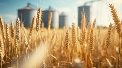 Fototapeta premium A close-up view of a lush wheat field with three silos in the blurred background, capturing the essence of agricultural landscapes.