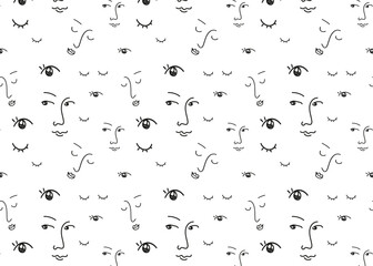 Faces of people seamless pattern. Vector doodle abstract background