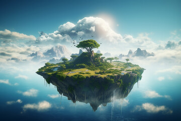 Tropical island floating in the sea. 3d render illustration