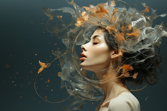 Trendy abstract illustration of woman in vintage minimalistic geometry elements Generative AI picture