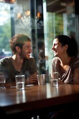 Friends engage in talking with laughter drinking champagne at cafe. Couple share good conversation with laughter over champagne . Boyfriend and girlfriend find joy in chatting. Vertical photo.