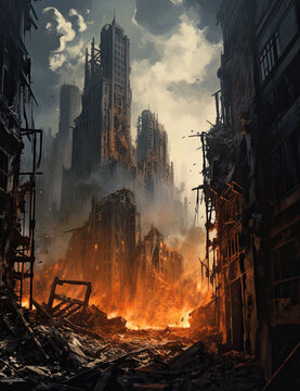 destroyed city  illustration, apocalypse town