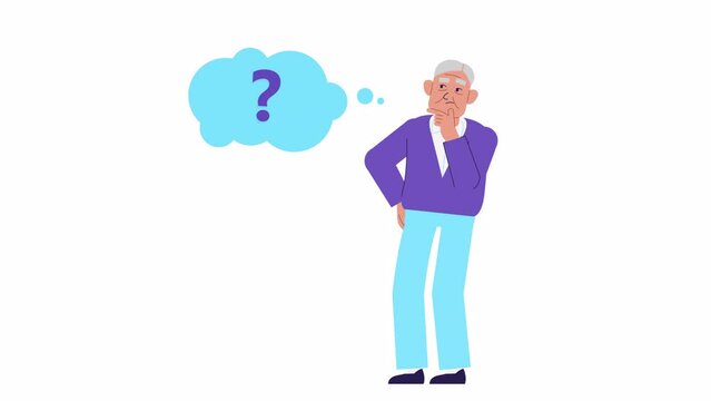 Elderly man thinking and looking for answer. uncertainty, no solution concept. Character animation. hopelessness, despair, frustration, dementia. Grandfather, senior man and question mark