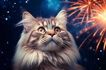 Cute pet watching christmas 4th july night with fireworks made with Generative AI technology