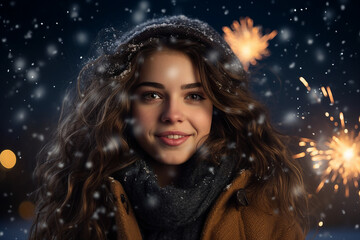 Magic christmas night with snow and fireworks made with Generative AI technology