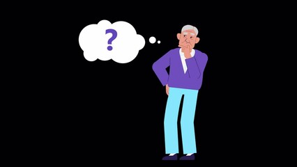 Elderly man thinking and looking for answer. uncertainty, no solution concept. ALPHA channel animation. hopelessness, despair, frustration, dementia. Grandfather, senior man and question mark