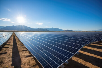 Huge Solar Panel Farm is one of Types of Renewable clean Energy on a Sunny Day