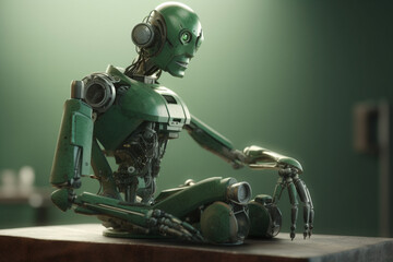 3D rendering of a robot with green eyes on a black background