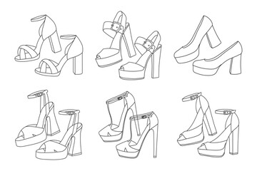 Set of women's high-heeled shoes in retro style. Sketch. Collection of vintage shoes. Clothes and accessories for coloring. Vector