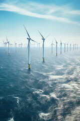 Offshore wind turbines are part of renewable and clean energy in choppy ocean background